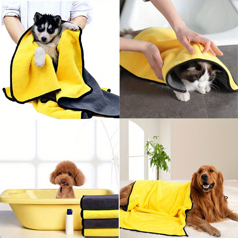 1pc Ultra-Soft Microfiber Pet Towel - Quick-Drying, Highly Absorbent, Perfect for Dog & Cat Bathing - Cozy Yellow & Gray with Black Border, Quickdrying Towel|Cozy Pet Wrap|Microfiber Fabric, Microfiber Towel