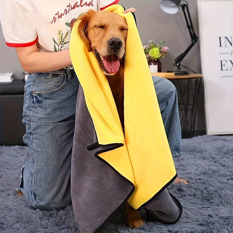 1pc Ultra-Soft Microfiber Pet Towel - Quick-Drying, Highly Absorbent, Perfect for Dog & Cat Bathing - Cozy Yellow & Gray with Black Border, Quickdrying Towel|Cozy Pet Wrap|Microfiber Fabric, Microfiber Towel