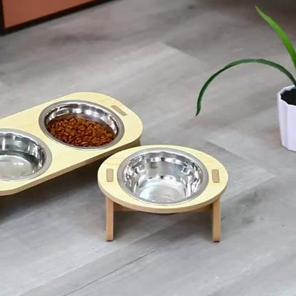 Elevated Cat Inclined Food Bowl Water Bowl With Wooden Stand For Cervical Spine Protection, Detachable Stainless Steel Pet Feeding Basin For Cats