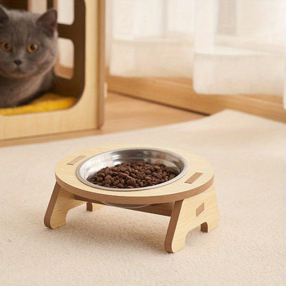 Elevated Cat Inclined Food Bowl Water Bowl With Wooden Stand For Cervical Spine Protection, Detachable Stainless Steel Pet Feeding Basin For Cats