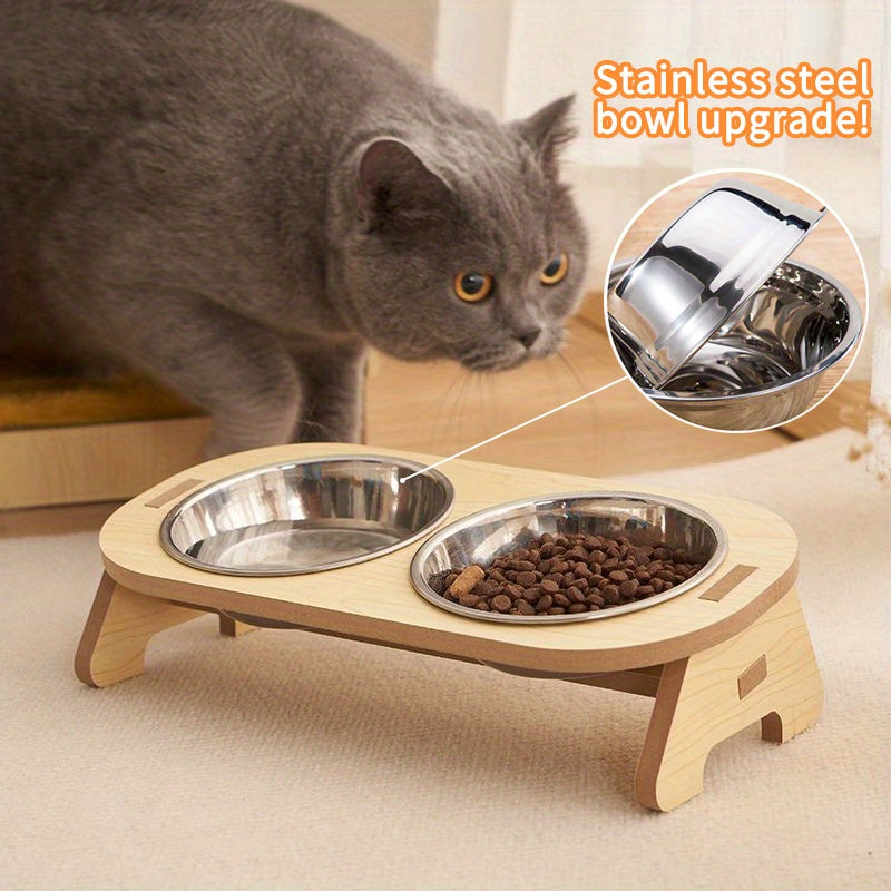 Elevated Cat Inclined Food Bowl Water Bowl With Wooden Stand For Cervical Spine Protection, Detachable Stainless Steel Pet Feeding Basin For Cats