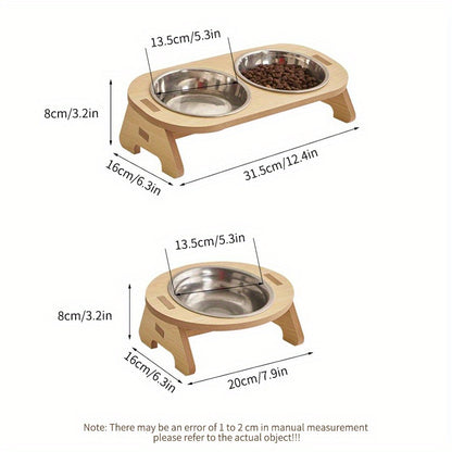 Elevated Cat Inclined Food Bowl Water Bowl With Wooden Stand For Cervical Spine Protection, Detachable Stainless Steel Pet Feeding Basin For Cats