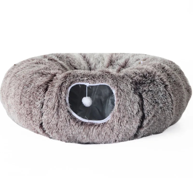 Warm Enclosed Cat Bed Tunnel for Indoor Cats, Four Seasons Thick Plush Kitten House with Play Tube Tunnel Toy