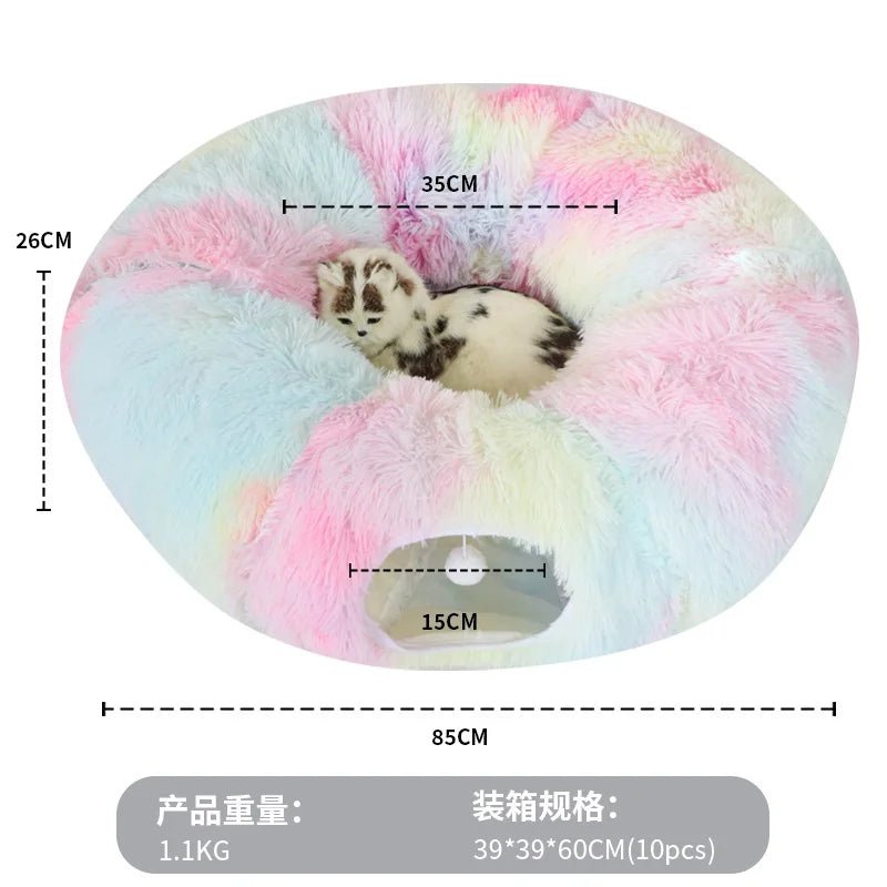 Warm Enclosed Cat Bed Tunnel for Indoor Cats, Four Seasons Thick Plush Kitten House with Play Tube Tunnel Toy