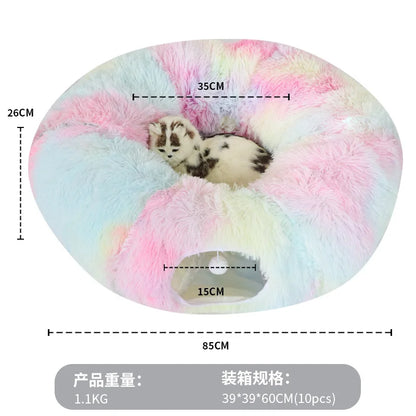 Warm Enclosed Cat Bed Tunnel for Indoor Cats, Four Seasons Thick Plush Kitten House with Play Tube Tunnel Toy
