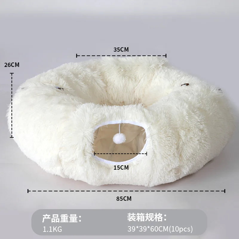 Warm Enclosed Cat Bed Tunnel for Indoor Cats, Four Seasons Thick Plush Kitten House with Play Tube Tunnel Toy