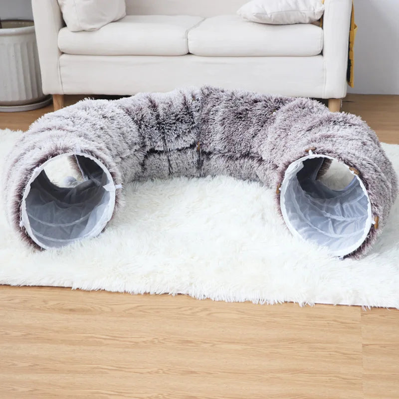 Warm Enclosed Cat Bed Tunnel for Indoor Cats, Four Seasons Thick Plush Kitten House with Play Tube Tunnel Toy