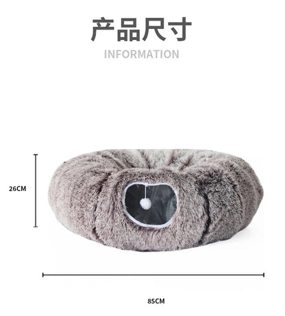 Warm Enclosed Cat Bed Tunnel for Indoor Cats, Four Seasons Thick Plush Kitten House with Play Tube Tunnel Toy