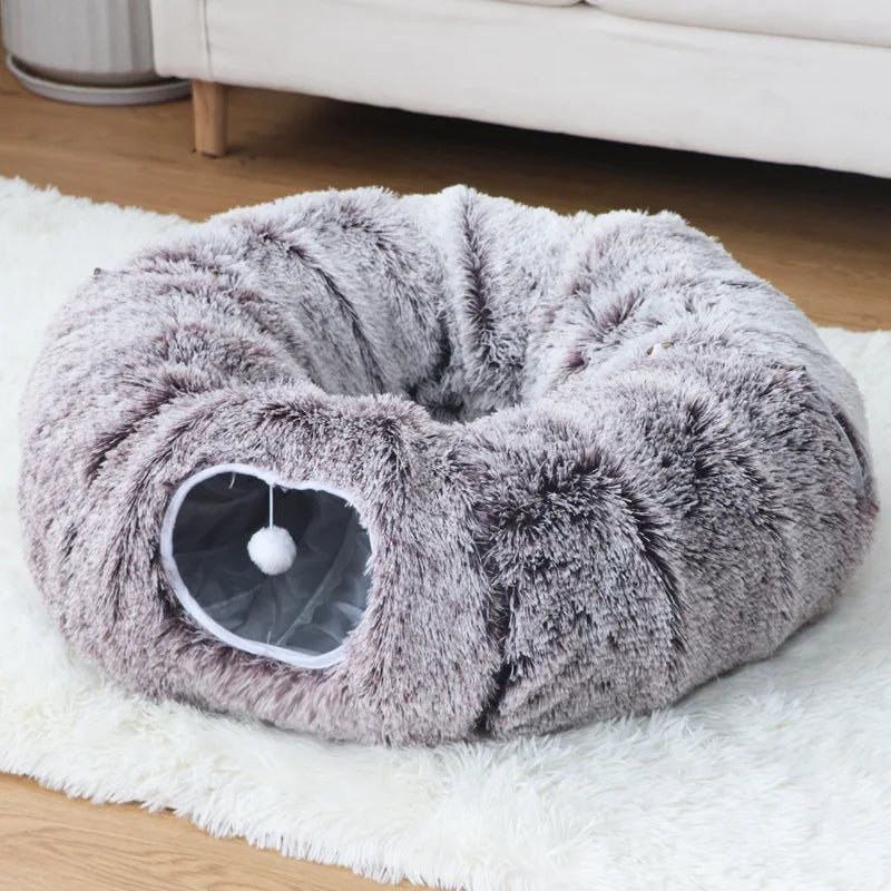Warm Enclosed Cat Bed Tunnel for Indoor Cats, Four Seasons Thick Plush Kitten House with Play Tube Tunnel Toy