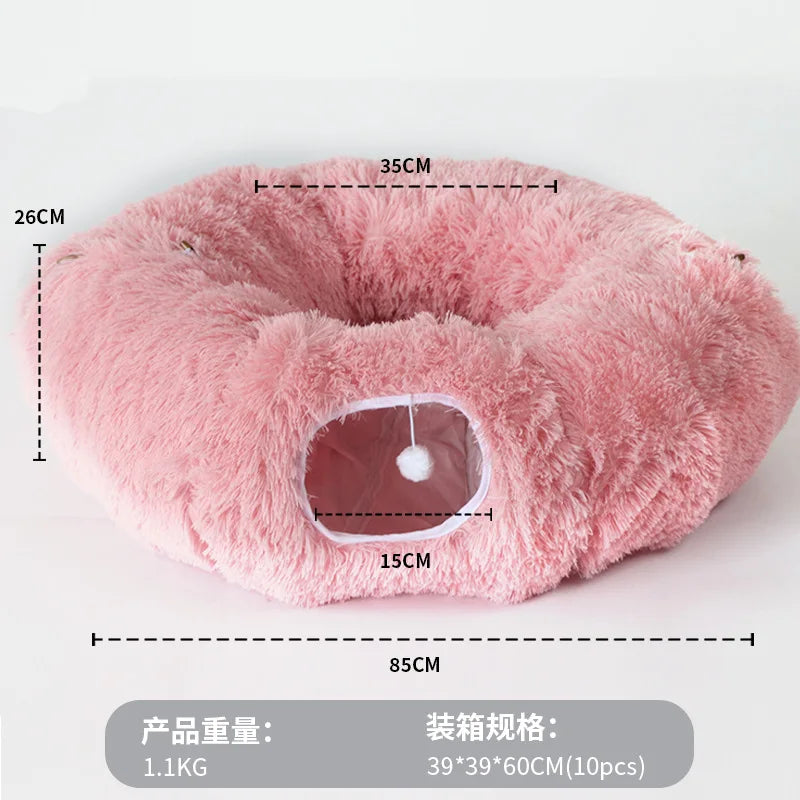 Warm Enclosed Cat Bed Tunnel for Indoor Cats, Four Seasons Thick Plush Kitten House with Play Tube Tunnel Toy
