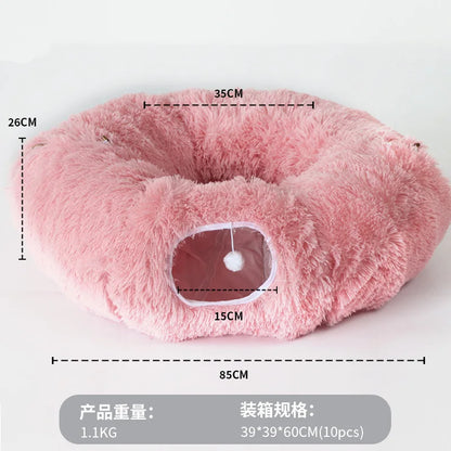 Warm Enclosed Cat Bed Tunnel for Indoor Cats, Four Seasons Thick Plush Kitten House with Play Tube Tunnel Toy