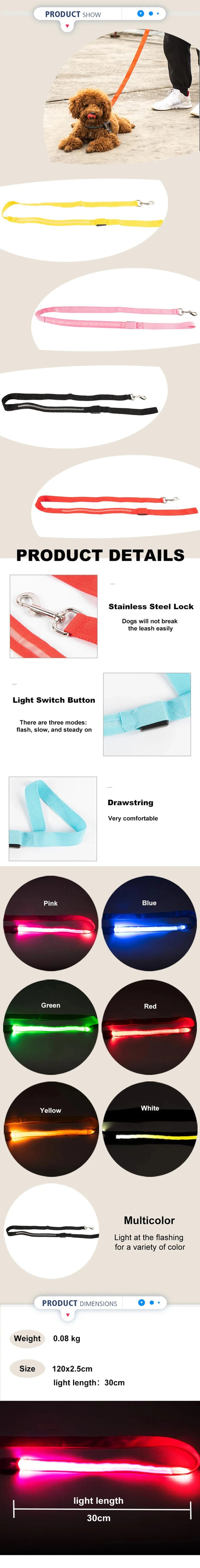 Led Pet Dog Leash Rope With Light Luminous  Lead Leash USB Charging for Dog Safety Flashing Glowing Collar Harness Accessories
