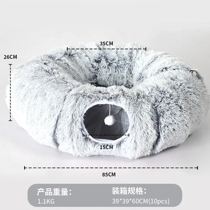 Warm Enclosed Cat Bed Tunnel for Indoor Cats, Four Seasons Thick Plush Kitten House with Play Tube Tunnel Toy