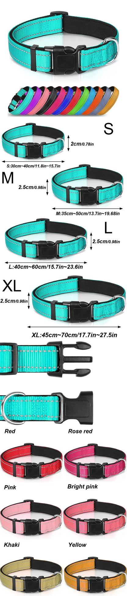 Reflective Dog Collar,Soft Neoprene Padded Breathable Nylon Pet Collar Adjustable for Medium Large Dogs, Neck 25-60 Centimeter