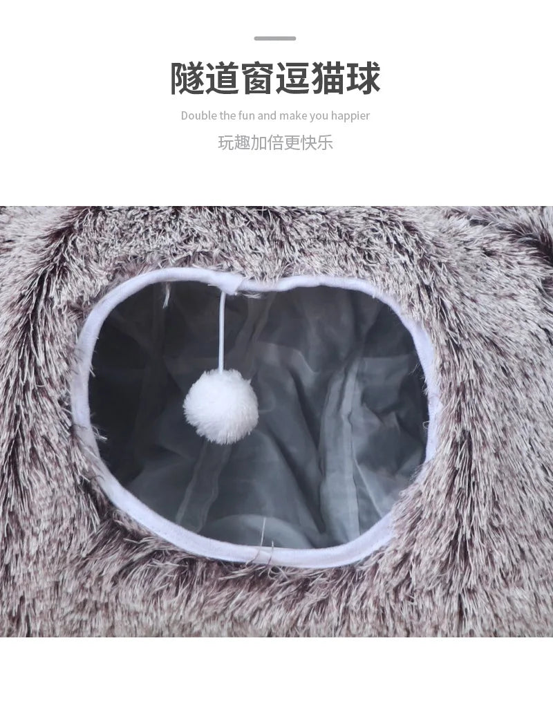Warm Enclosed Cat Bed Tunnel for Indoor Cats, Four Seasons Thick Plush Kitten House with Play Tube Tunnel Toy