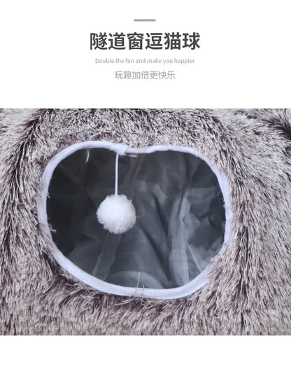 Warm Enclosed Cat Bed Tunnel for Indoor Cats, Four Seasons Thick Plush Kitten House with Play Tube Tunnel Toy