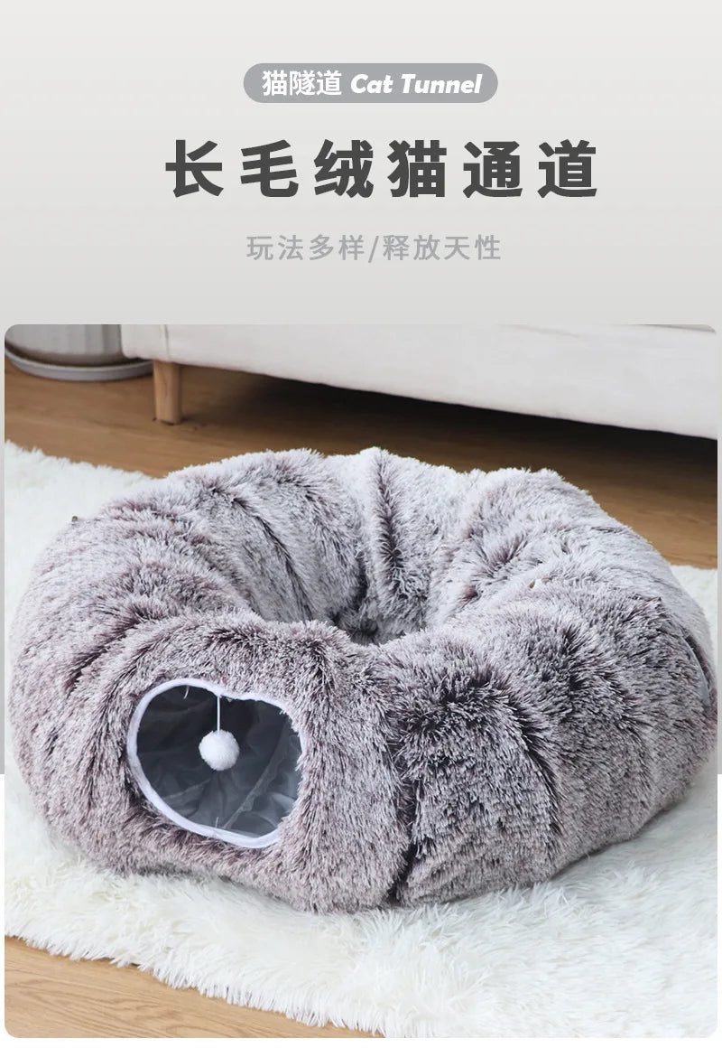 Warm Enclosed Cat Bed Tunnel for Indoor Cats, Four Seasons Thick Plush Kitten House with Play Tube Tunnel Toy