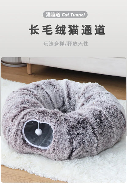 Warm Enclosed Cat Bed Tunnel for Indoor Cats, Four Seasons Thick Plush Kitten House with Play Tube Tunnel Toy