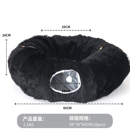 Warm Enclosed Cat Bed Tunnel for Indoor Cats, Four Seasons Thick Plush Kitten House with Play Tube Tunnel Toy