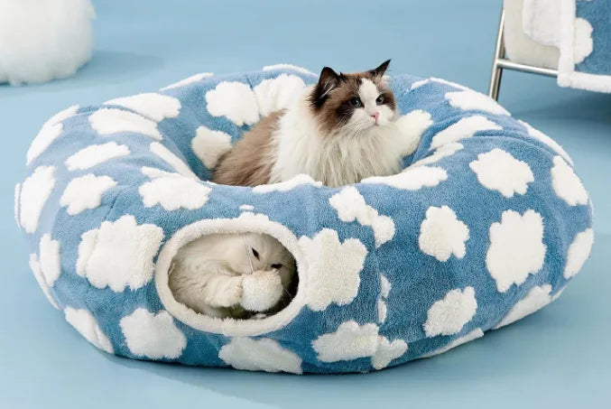 Warm Enclosed Cat Bed Tunnel for Indoor Cats, Four Seasons Thick Plush Kitten House with Play Tube Tunnel Toy