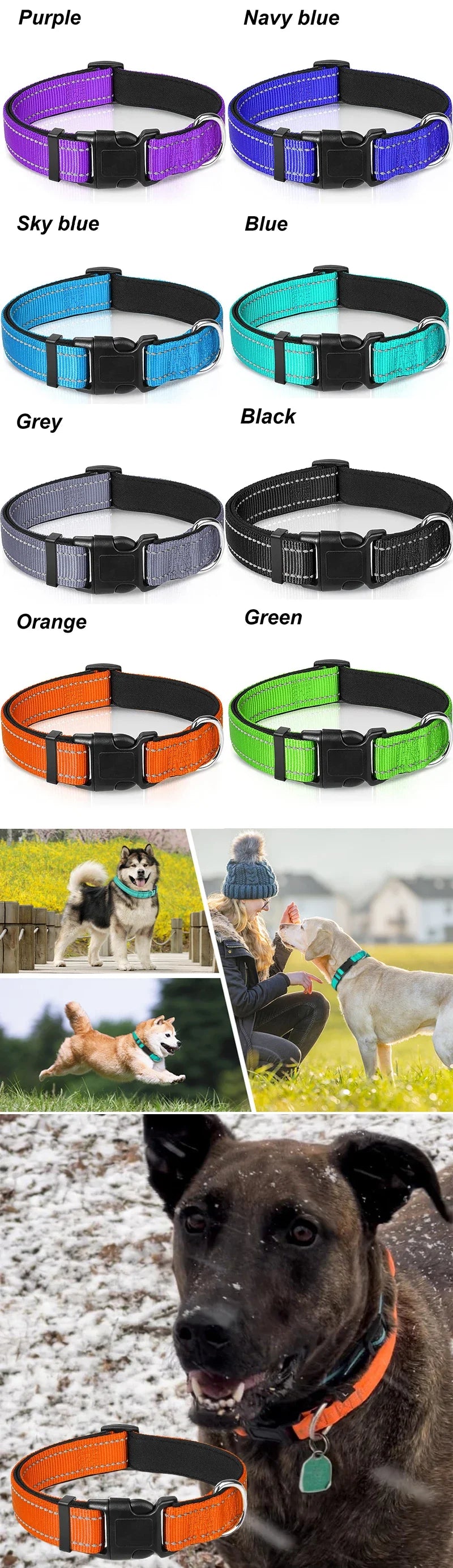 Reflective Dog Collar,Soft Neoprene Padded Breathable Nylon Pet Collar Adjustable for Medium Large Dogs, Neck 25-60 Centimeter