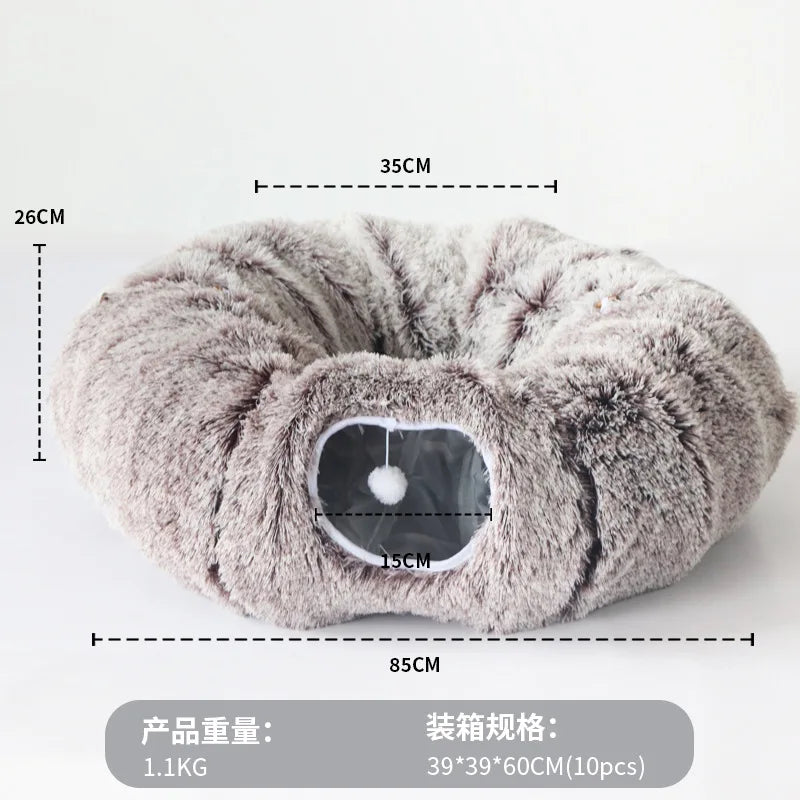 Warm Enclosed Cat Bed Tunnel for Indoor Cats, Four Seasons Thick Plush Kitten House with Play Tube Tunnel Toy