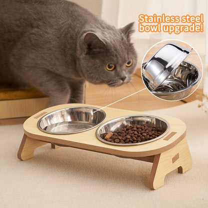 Elevated Cat Inclined Food Bowl Water Bowl With Wooden Stand For Cervical Spine Protection, Detachable Stainless Steel Pet Feeding Basin For Cats