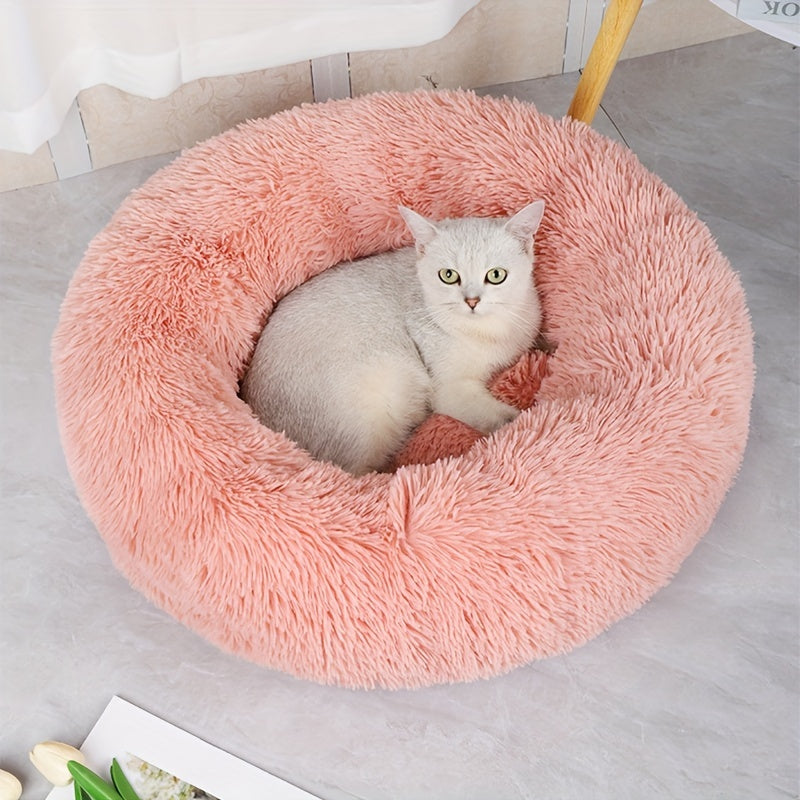 1pc Plush Pet Kennel Removable Washable Soft Cat Nest Winter Warm Round Cat Bed Pet Supplies