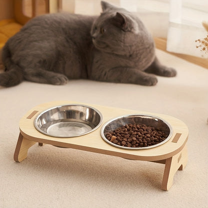 Elevated Cat Inclined Food Bowl Water Bowl With Wooden Stand For Cervical Spine Protection, Detachable Stainless Steel Pet Feeding Basin For Cats